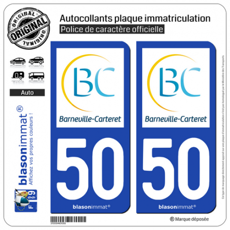2 Autocollants plaque immatriculation Auto 50 Barneville-Carteret - Commune