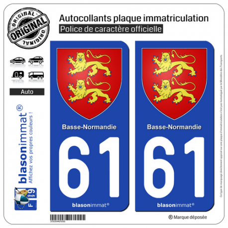 2 Autocollants plaque immatriculation Auto 61 Basse-Normandie - Armoiries