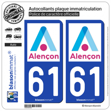 2 Autocollants plaque immatriculation Auto 61 Alençon - Ville