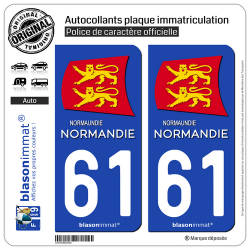 2 Autocollants plaque immatriculation Auto 61 Normandie - Région II