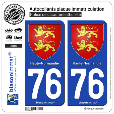 2 Autocollants plaque immatriculation Auto 76 Haute-Normandie - Armoiries