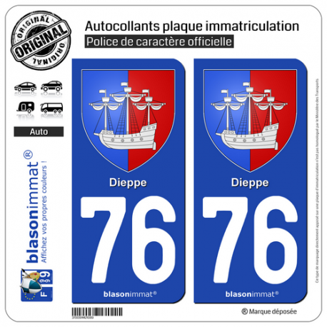 2 Autocollants plaque immatriculation Auto 76 Dieppe - Armoiries