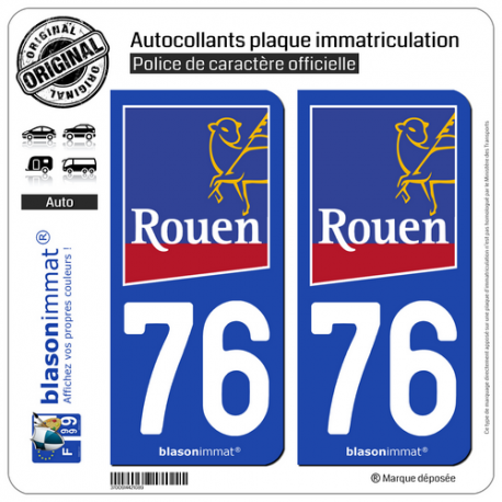 2 Autocollants plaque immatriculation Auto 76 Rouen - Ville