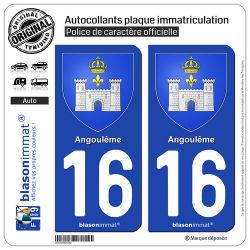 2 Autocollants plaque immatriculation Auto 16 Angoulême - Armoiries