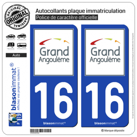 2 Autocollants plaque immatriculation Auto 16 Angoulême - Agglo