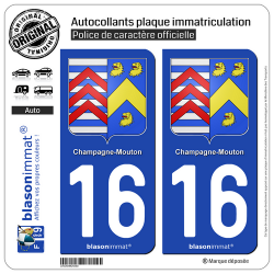 2 Autocollants plaque immatriculation Auto 16 Champagne-Mouton - Armoiries