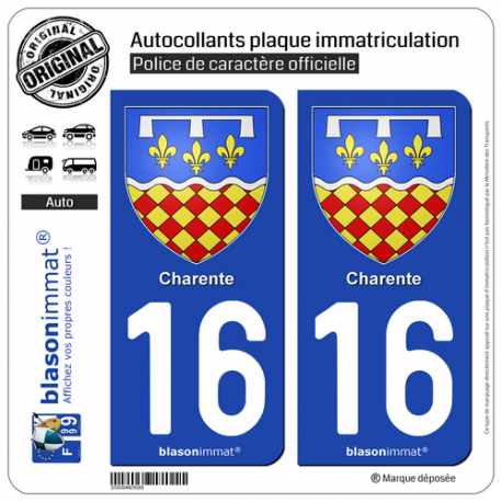 2 Autocollants plaque immatriculation Auto 16 Charente - Armoiries