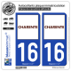 2 Autocollants plaque immatriculation Auto 16 Charente - Département