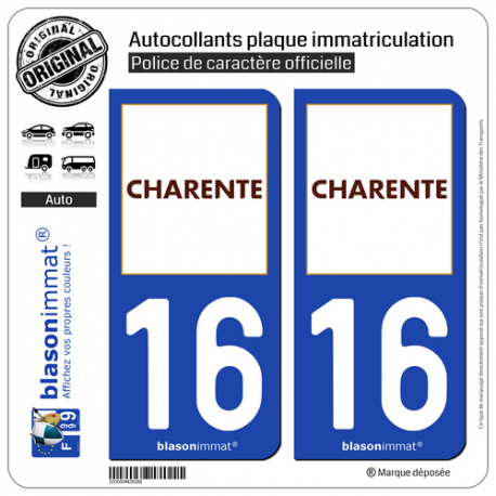 2 Autocollants plaque immatriculation Auto 16 Charente - Département