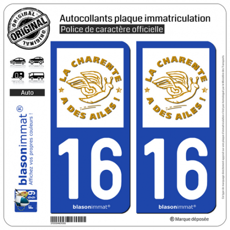 2 Autocollants plaque immatriculation Auto 16 Charente - Label
