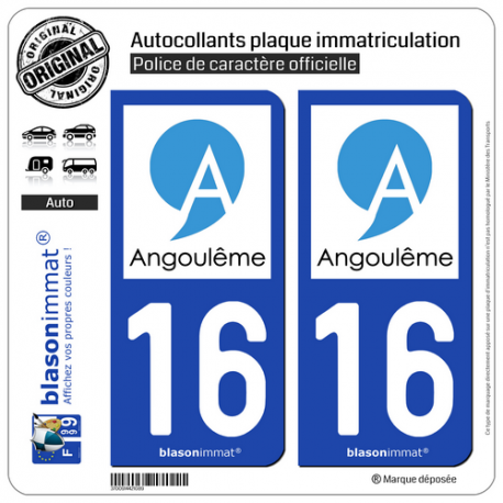 2 Autocollants plaque immatriculation Auto 16 Angoulême - Ville