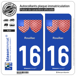 2 Autocollants plaque immatriculation Auto 16 Rouillac - Armoiries
