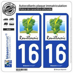 2 Autocollants plaque immatriculation Auto 16 Rouillac - Agglo