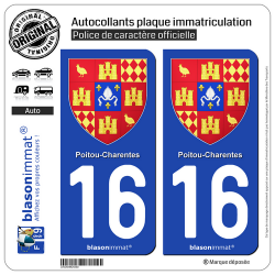 2 Autocollants plaque immatriculation Auto 16 Poitou-Charentes - Armoiries II