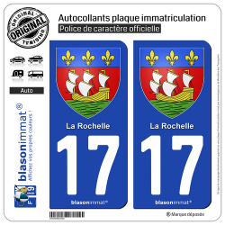 2 Autocollants plaque immatriculation Auto 17 La Rochelle - Armoiries
