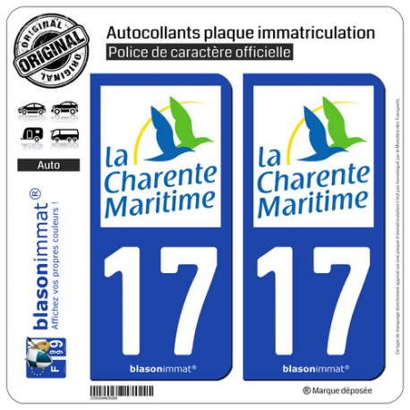 2 Autocollants plaque immatriculation Auto 17 Charente-Maritime - Département