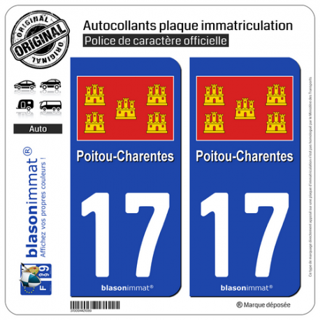 2 Autocollants plaque immatriculation Auto 17 Poitou-Charentes - Drapeau