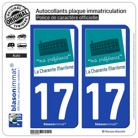 2 Autocollants plaque immatriculation Auto 17 Charente-Maritime - Tourisme