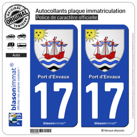 2 Autocollants plaque immatriculation Auto 17 Port d'Envaux - Armoiries