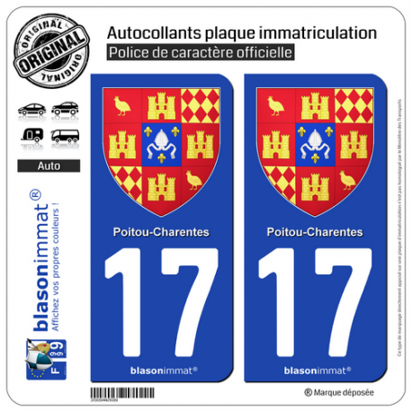 2 Autocollants plaque immatriculation Auto 17 Poitou-Charentes - Armoiries II