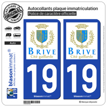 2 Autocollants plaque immatriculation Auto 19 Brive-la-Gaillarde - Ville