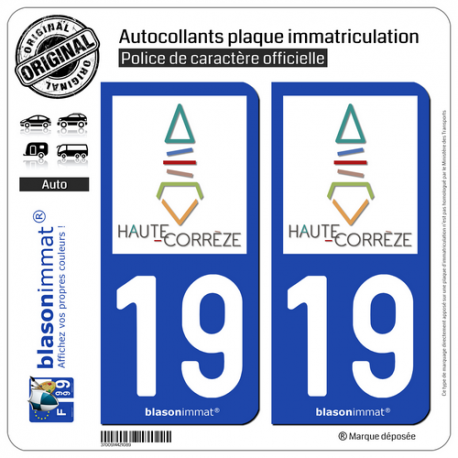 2 Autocollants plaque immatriculation Auto 19 Haute-Corrèze - Pays