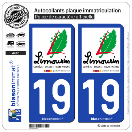 2 Autocollants plaque immatriculation Auto 19 Limousin - Tourisme