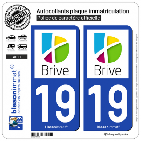 2 Autocollants plaque immatriculation Auto 19 Brive-la-Gaillarde - Agglo