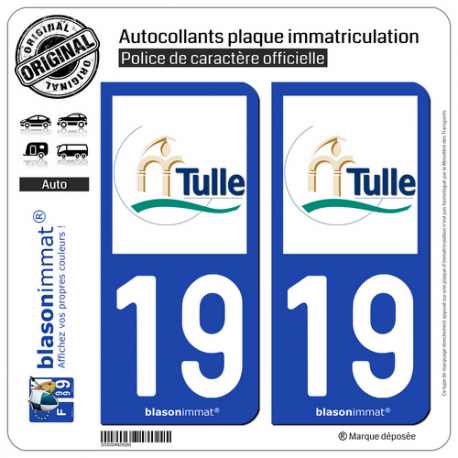 2 Autocollants plaque immatriculation Auto 19 Tulle - Ville