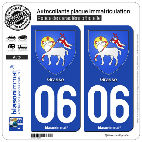 2 Autocollants plaque immatriculation Auto 06 Grasse - Armoiries