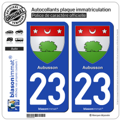 2 Autocollants plaque immatriculation Auto 23 Aubusson - Armoiries