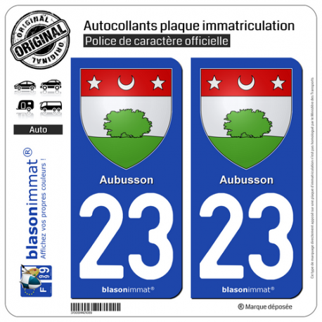 2 Autocollants plaque immatriculation Auto 23 Aubusson - Armoiries
