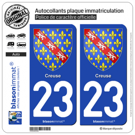 2 Autocollants plaque immatriculation Auto 23 Creuse - Armoiries