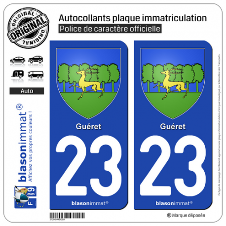 2 Autocollants plaque immatriculation Auto 23 Guéret - Armoiries