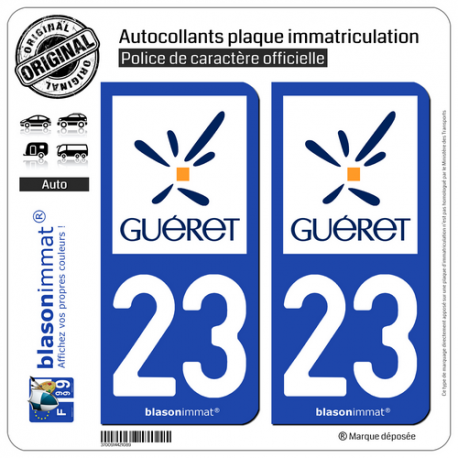 2 Autocollants plaque immatriculation Auto 23 Guéret - Ville
