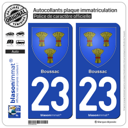 2 Autocollants plaque immatriculation Auto 23 Boussac - Armoiries