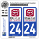 2 Autocollants plaque immatriculation Auto 24 Sarlat-la-Canéda - Ville