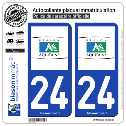 2 Autocollants plaque immatriculation Auto 24 Aquitaine - Tourisme