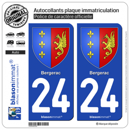 2 Autocollants plaque immatriculation Auto 24 Bergerac - Armoiries