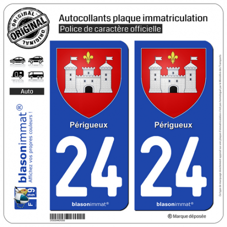 2 Autocollants plaque immatriculation Auto 24 Périgueux - Armoiries
