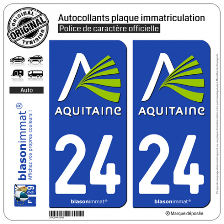 2 Autocollants plaque immatriculation Auto 24 Aquitaine - Nostalgie