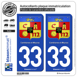 2 Autocollants plaque immatriculation Auto 33 Camblanes-et-Meynac - Armoiries