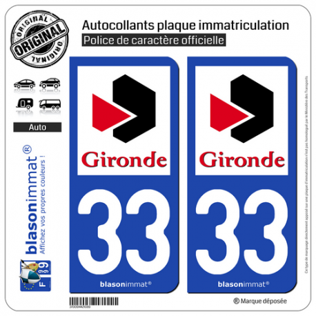 2 Autocollants plaque immatriculation Auto 33 Gironde - Département
