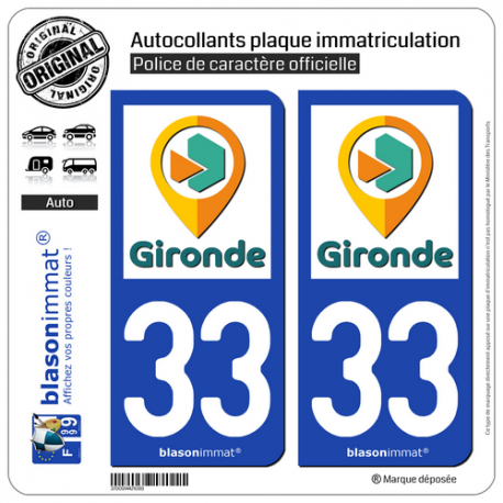 2 Autocollants plaque immatriculation Auto 33 Gironde - Tourisme
