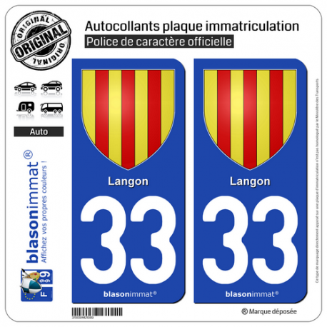 2 Autocollants plaque immatriculation Auto 33 Langon - Armoiries