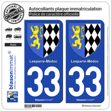 2 Autocollants plaque immatriculation Auto 33 Lesparre-Médoc - Armoiries