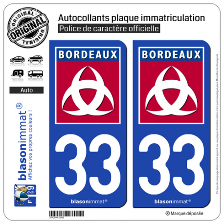 2 Autocollants plaque immatriculation Auto 33 Bordeaux - Ville