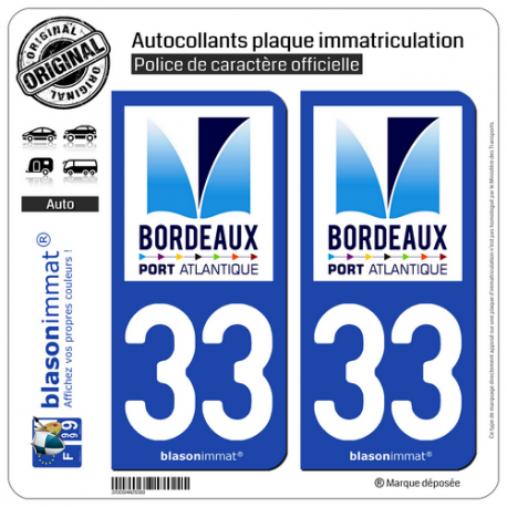 2 Autocollants plaque immatriculation Auto 33 Bordeaux - Patrimoine