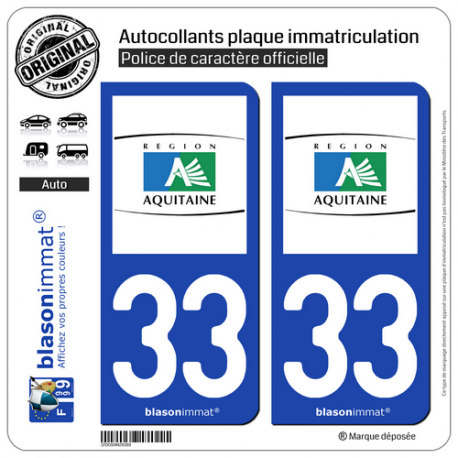 2 Autocollants plaque immatriculation Auto 33 Aquitaine - Tourisme