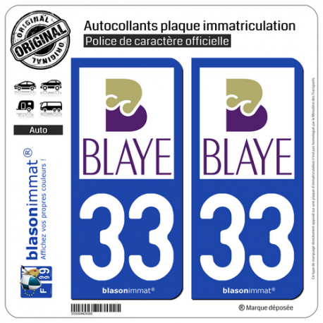 2 Autocollants plaque immatriculation Auto 33 Blaye - Agglo